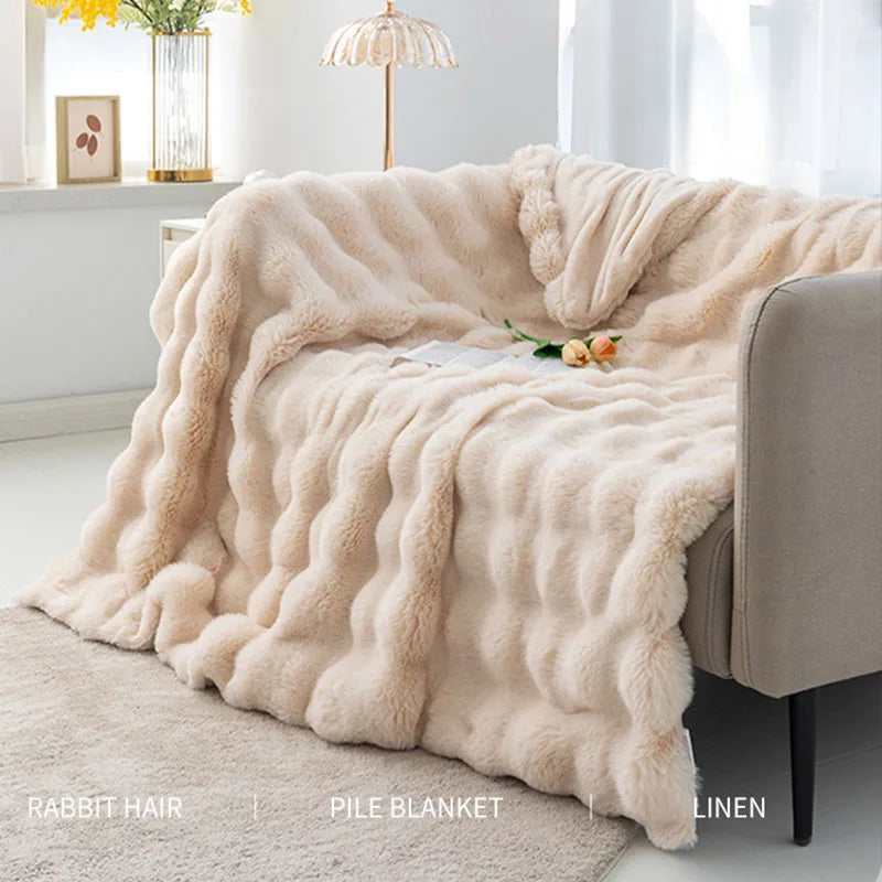 Afralia™ Faux Rabbit Fur Flannel Sofa Blanket, All Seasons Solid Soft Nap Quilt