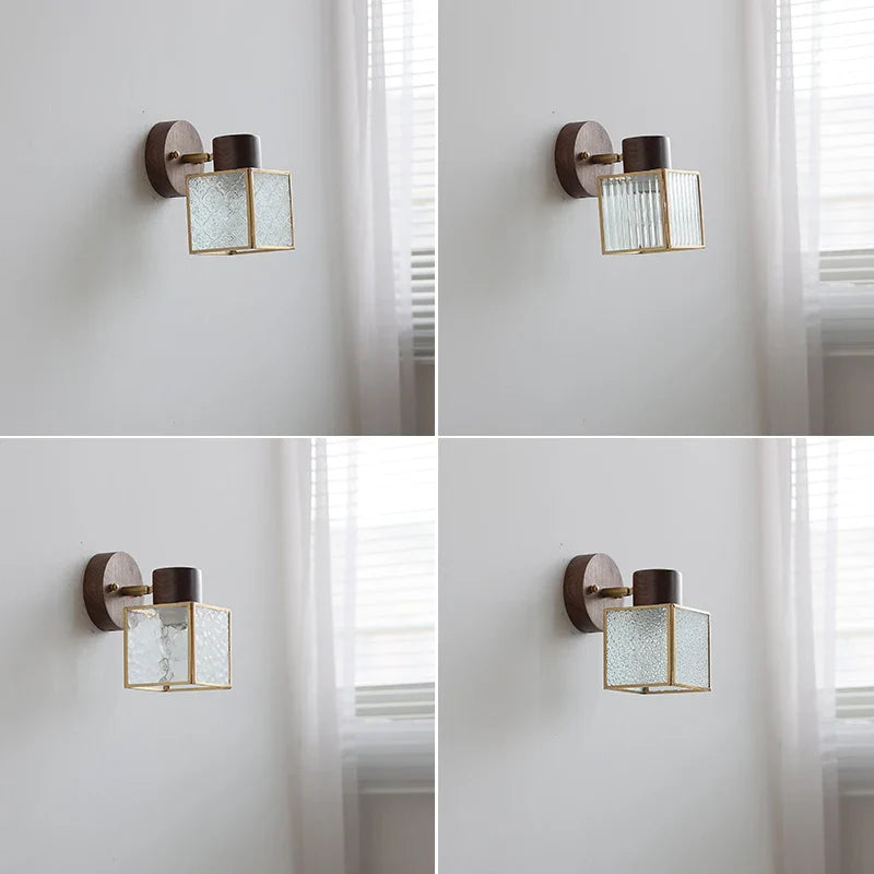 Afralia™ Modern Walnut Wood LED Wall Light Fixture Glass Bedroom Living Room Sconce