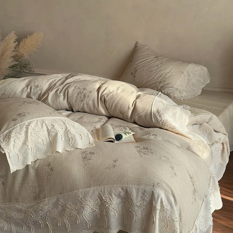 Afralia™ French Lace Flowers Bedding Set, 100% Cotton Double Layer, Soft Duvet Cover, Bed Sheet, Pillowcases