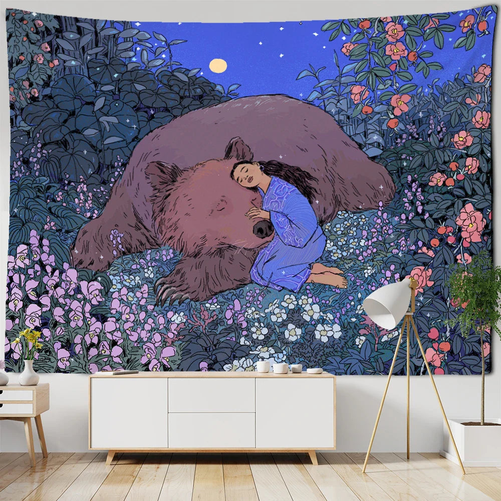 Afralia™ Enchanted Forest Tapestry: Animals, Flowers, Moon - Home Decor