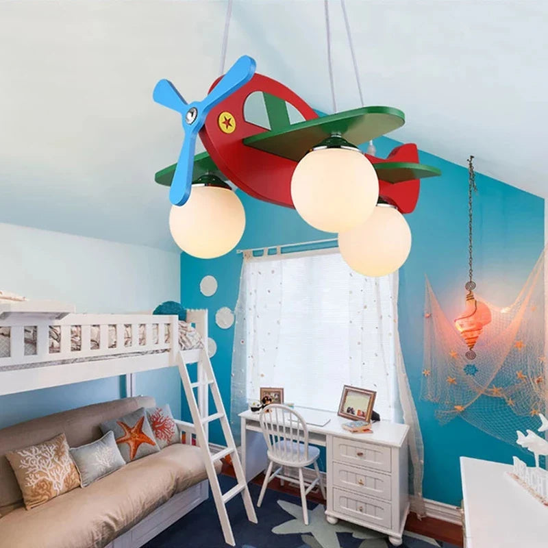 Afralia™ Wooden Airplane Chandelier for Boy's Room & Kindergarten - Creative & Modern Cartoon Lights