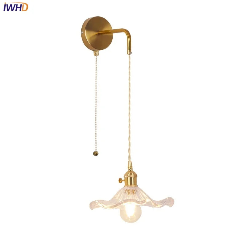 Afralia™ Copper LED Glass Wall Sconce with Pull Chain Switch for Living Dining Room