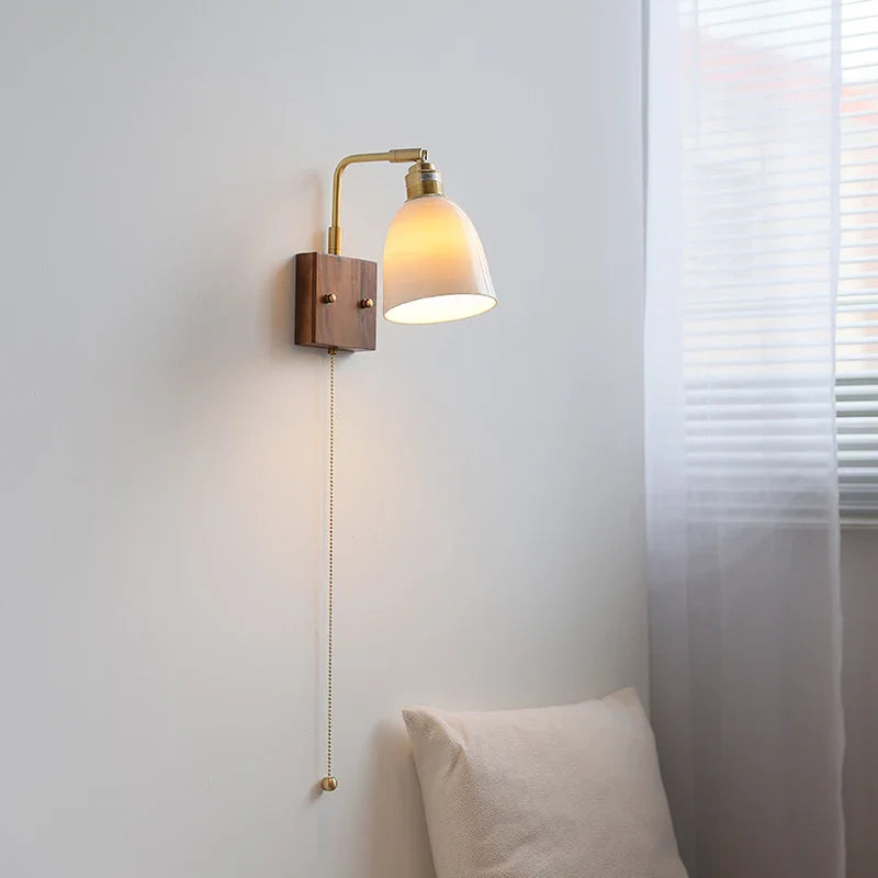 Afralia™ Glass Ceramic LED Wall Sconce Walnut Wood Nordic Modern Rotatable Mirror Light