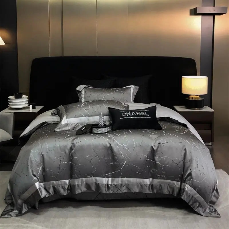 Afralia™ Brocade Satin Jacquard Luxury Cotton Bedding Set - Duvet Cover, Sheet, Pillowcases