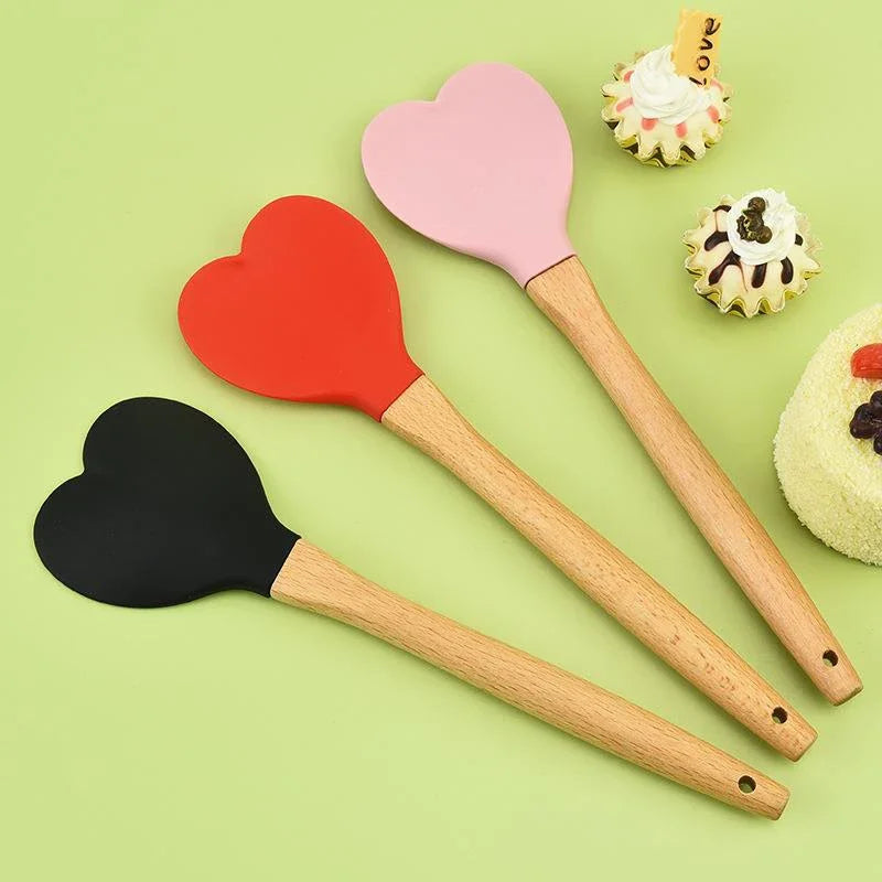 Silicone Heart Spatula with Wooden Handle by Afralia™: Baking & Cooking Utensil