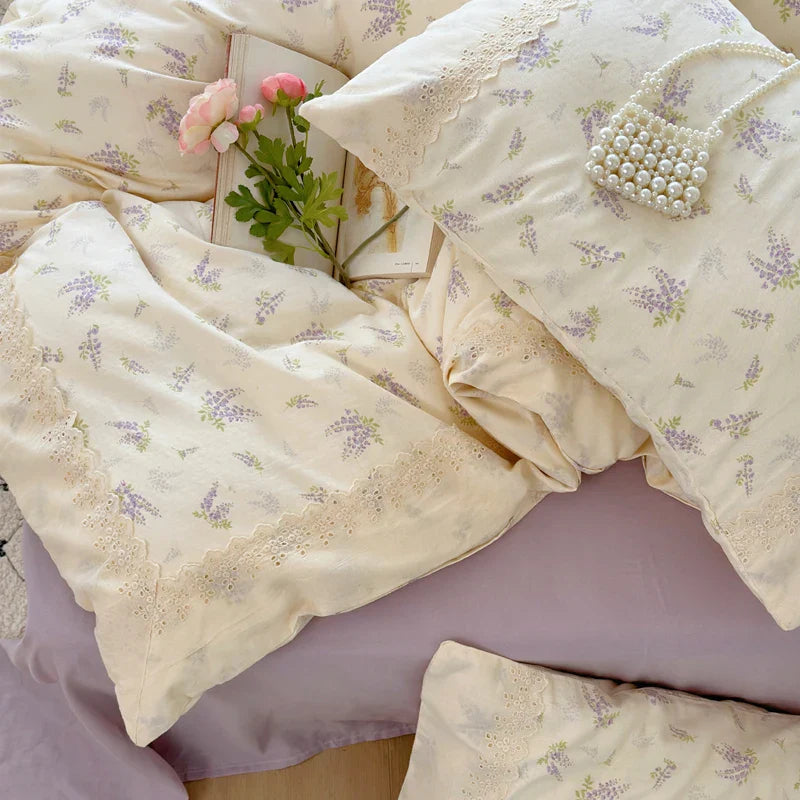 Afralia™ Lavender Lace Bedding Set: Single Queen Size Duvet, Sheet, Pillowcases