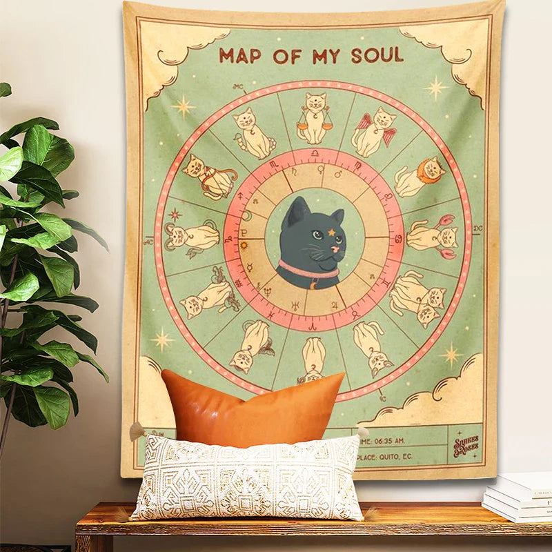 Afralia™ Cat Tapestry Soul Tarot Zodiac Constellation Wheel Retro Boho Living Room Decor