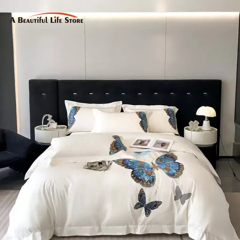 Afralia™ Luxury Butterfly Embroidery Bedding Set, Egyptian Cotton, Queen King, White