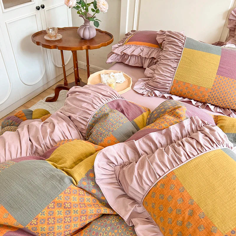 Afralia™ Vintage Cotton Double Layer Bedding Set with Ruffles & Pleat Details