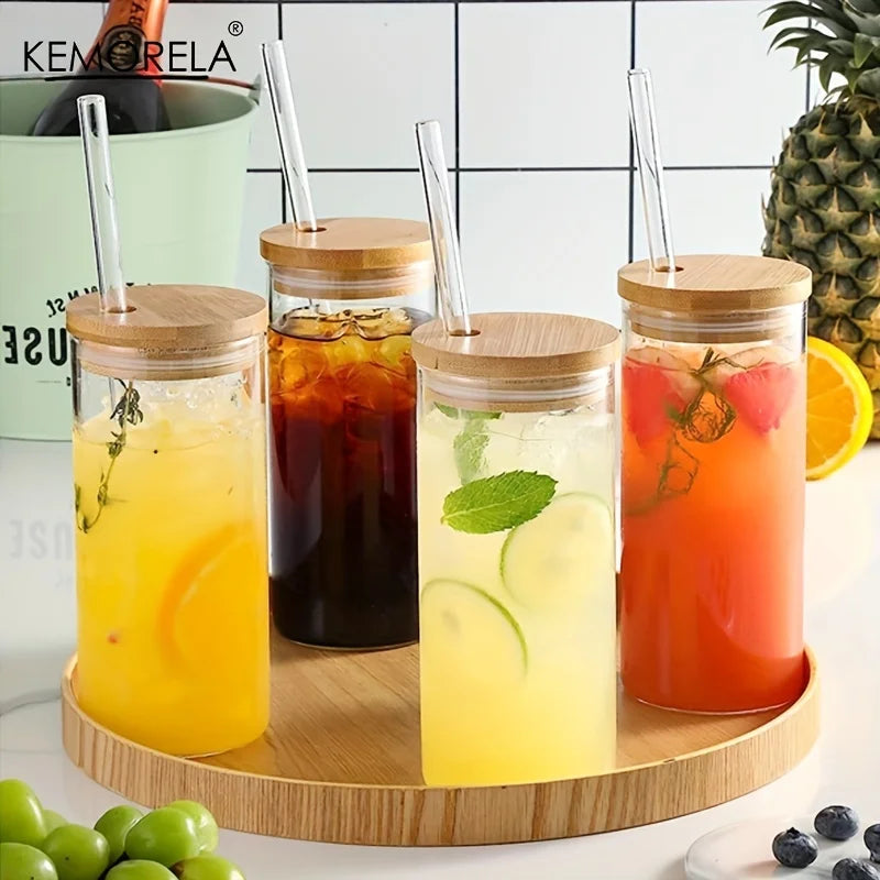 Afralia™ 4-Piece Set Clear Glass Tumbler Cups with Bamboo Lids and Straws - 600ML