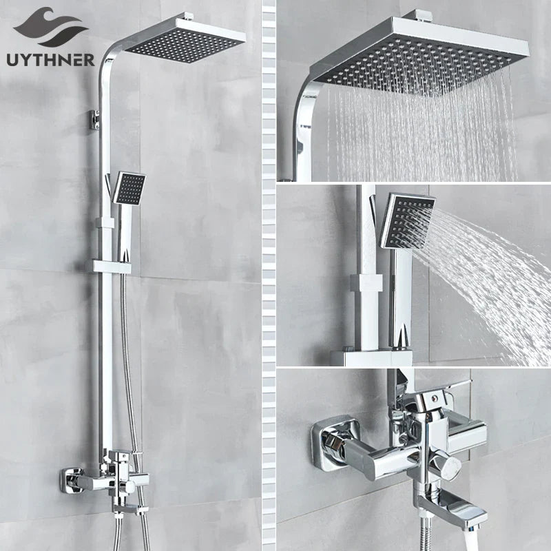 Afralia™ Chrome/Black Shower Faucet Set w/ 8" Rainfall Head, Handshower & Tub Spout