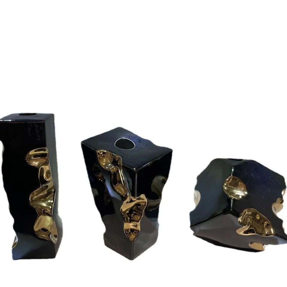 Afralia™ Golden Notch Ceramic Vase Geometric Square Design Home Decor Accessory