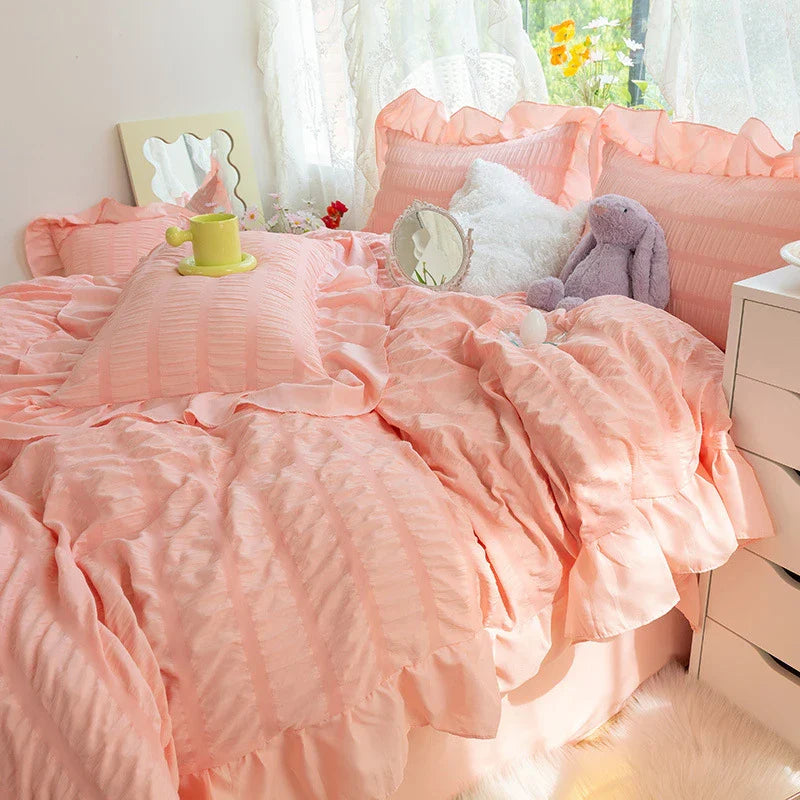 Afralia™ Princess Seersucker Kawaii Bedding Set | Lovely Ruffles Duvet Cover | Soft Comfortable Bed Sets