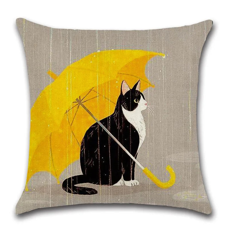 Afralia™ Yellow Umbrella Cat Linen Cushion Cover 45x45cm Cute Cat Pillow Covers