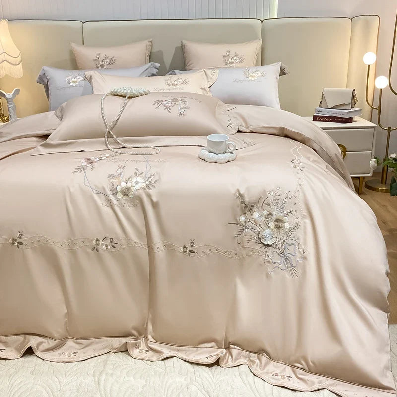 Afralia™ Flowers Embroidery Bedding Set: Duvet Cover, Bed Sheet, Pillowcases, Grey Champagne Luxury