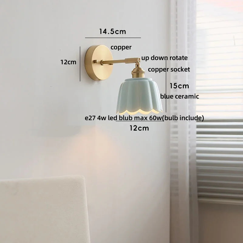 Afralia™ Ceramic Copper LED Wall Sconce Pull Chain Switch Reading Room Bedside Lamp