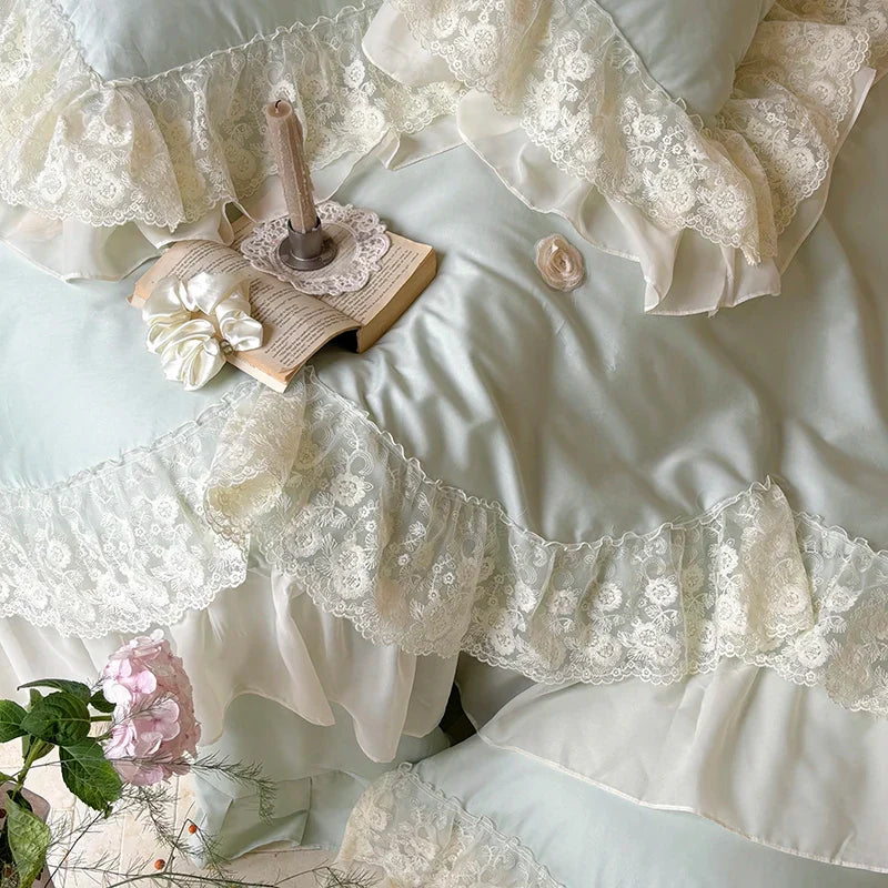 Afralia™ Princess Wedding Luxury Bedding Set 1200TC Egyptian Cotton Lace Ruffles Flowers Embroidery