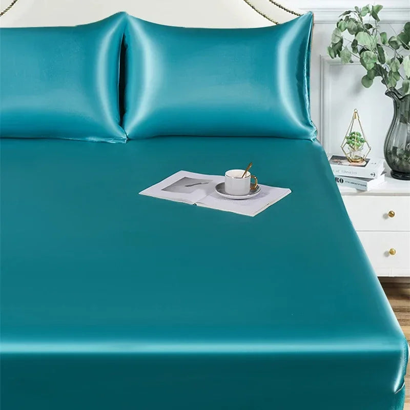Satin Silky Fitted Sheet with Elastic Band by Afralia™ in Queen/King Size