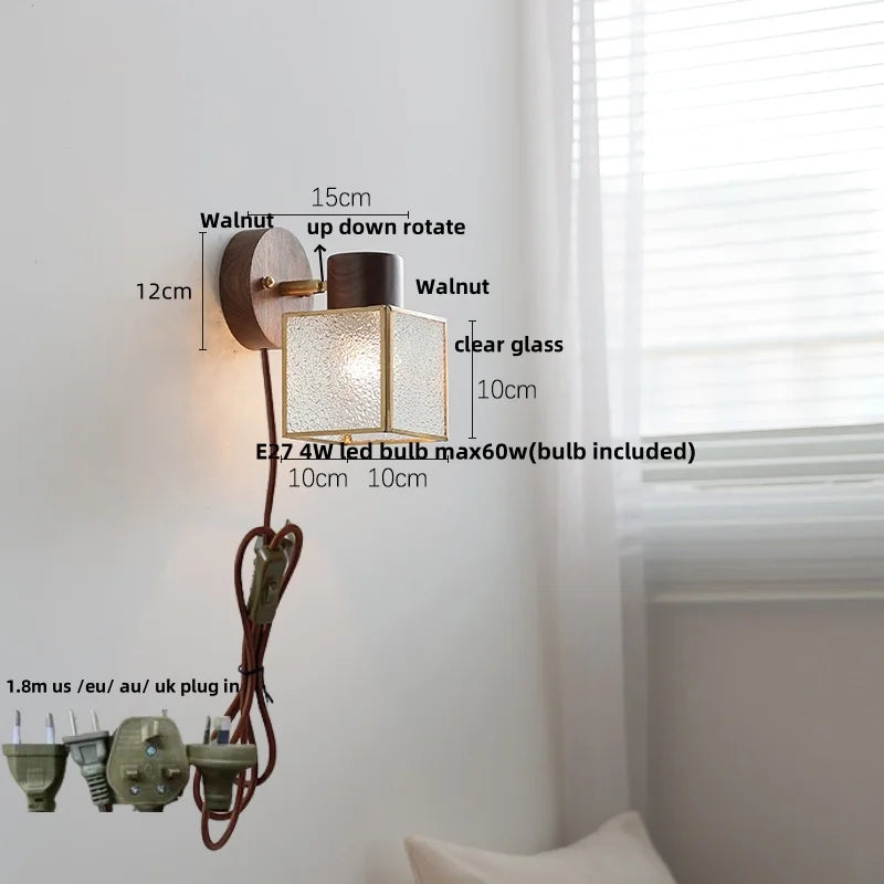 Afralia™ Modern Walnut Wood LED Wall Light Fixture Glass Bedroom Living Room Sconce