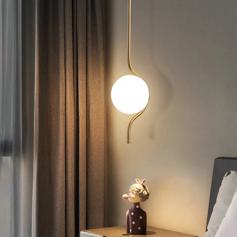 Afralia™ Milky White Glass Ball Pendant Lamp with LED E27 Bulb for Bedroom, Creative Sconces