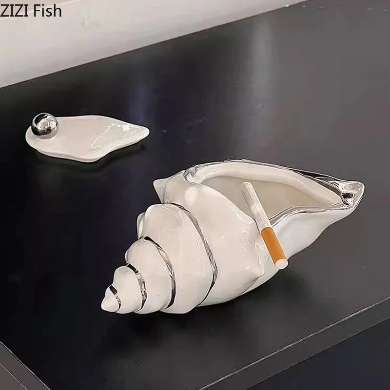Afralia™ Conch Ashtray: Silver Plated Desk Decoration & Windproof Ceramic Smoking Accessory