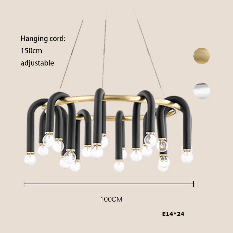 Afralia™ Black Aluminum U-Shaped Tube Dimmable LED Chandelier for High Ceilings