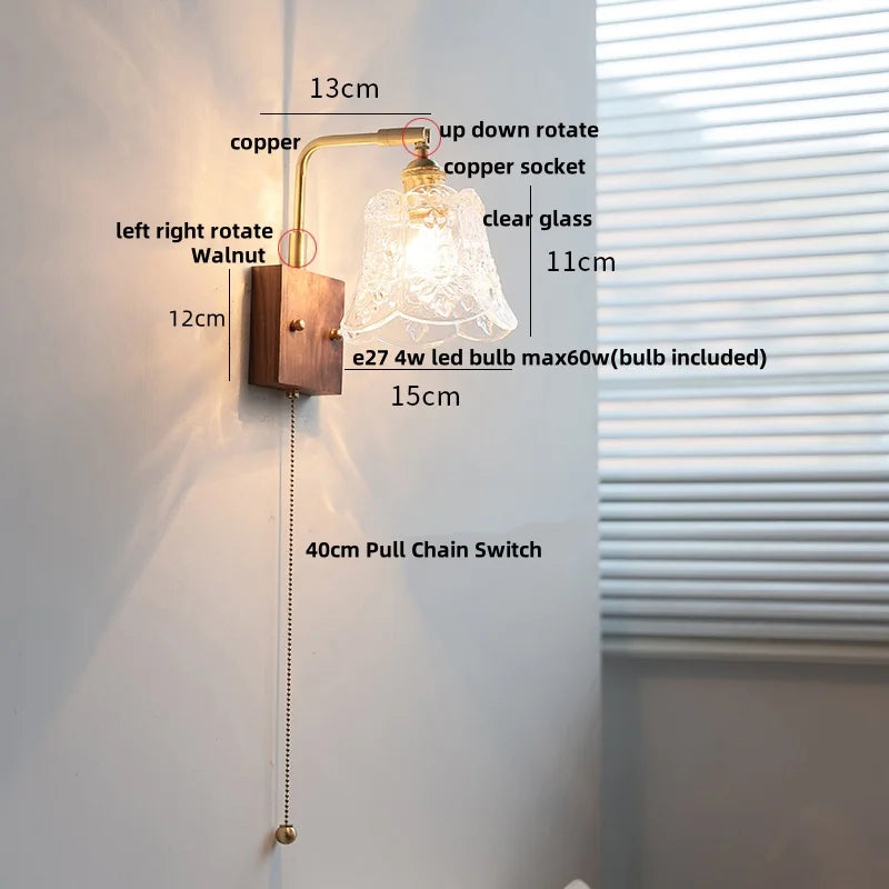 Afralia™ Walnut Glass LED Wall Light: Modern Brass Rotatable Bedside Lamp