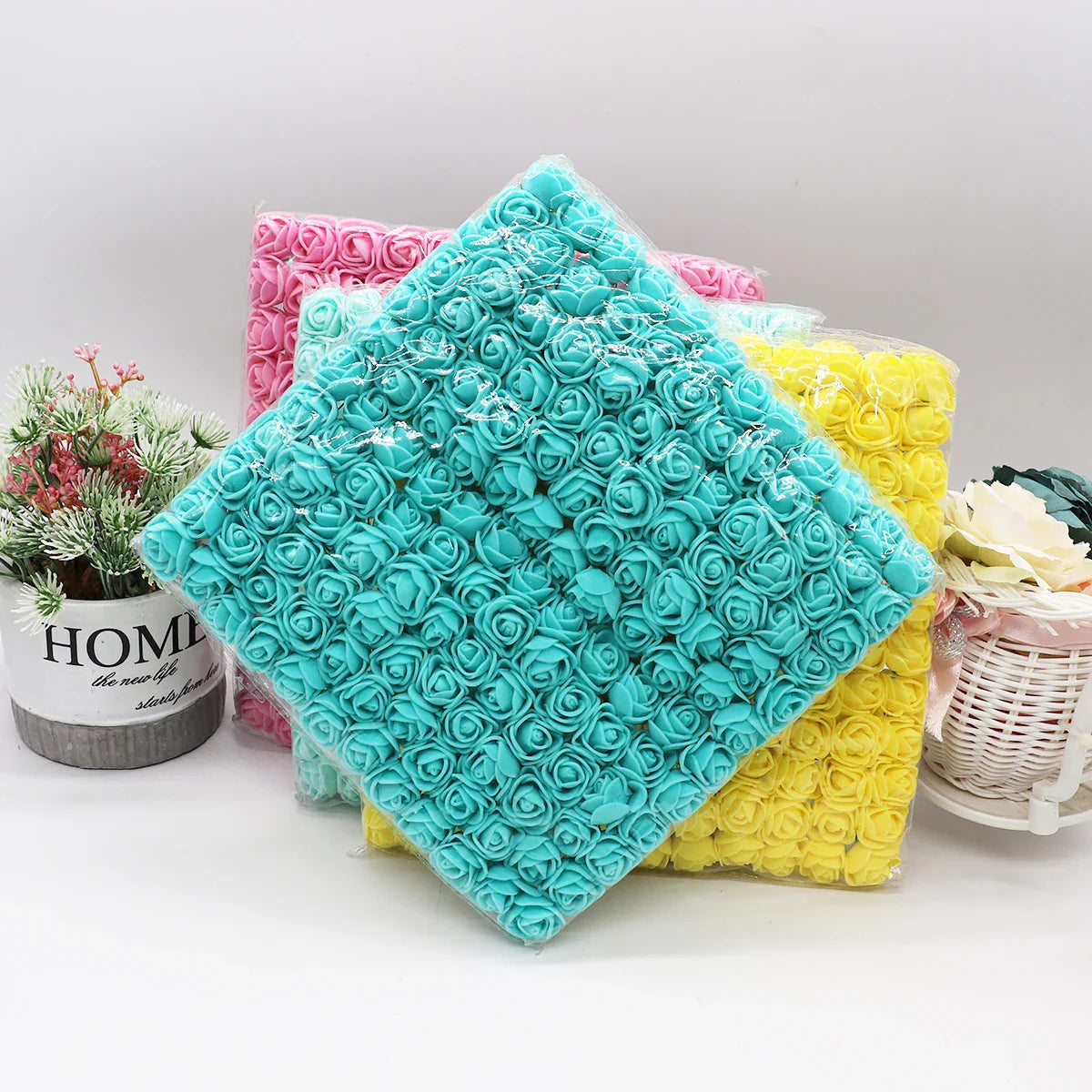 Afralia™ Mini Foam Teddy Bear Rose Bouquet Vase Home Wedding Decor Artificial Flowers