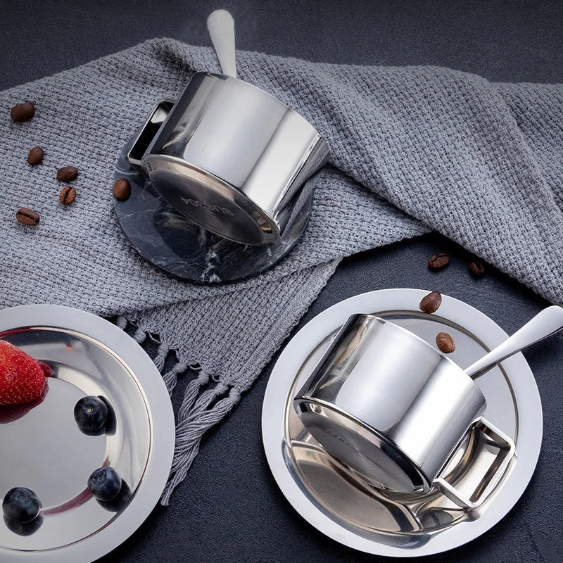 Afralia™ Stainless Steel Double Wall Insulated Coffee Cups Set with Tray and Spoon