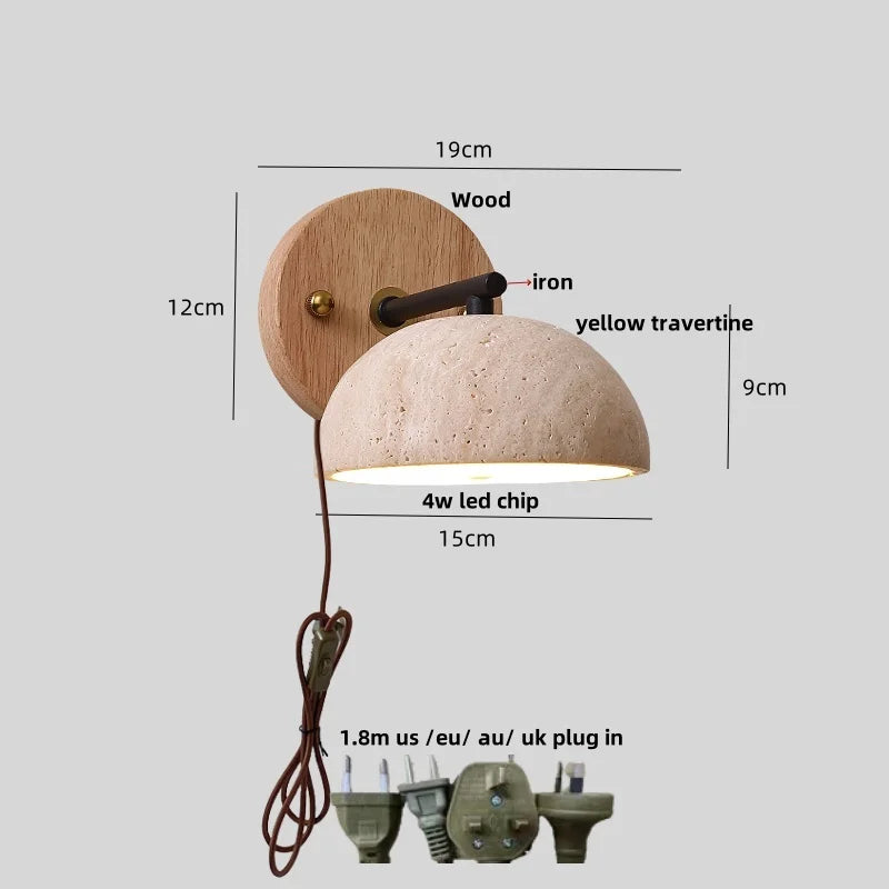 Afralia™ Iron Yellow Travertine Wall Lights, Pull Chain Switch, LED Sconce for Bedroom, Bathroom.