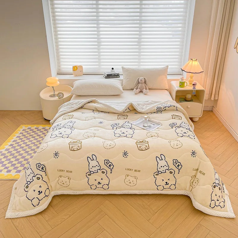 Afralia™ Cartoon Print Three-Layer Velvet Blanket for Cozy Winter Bedding