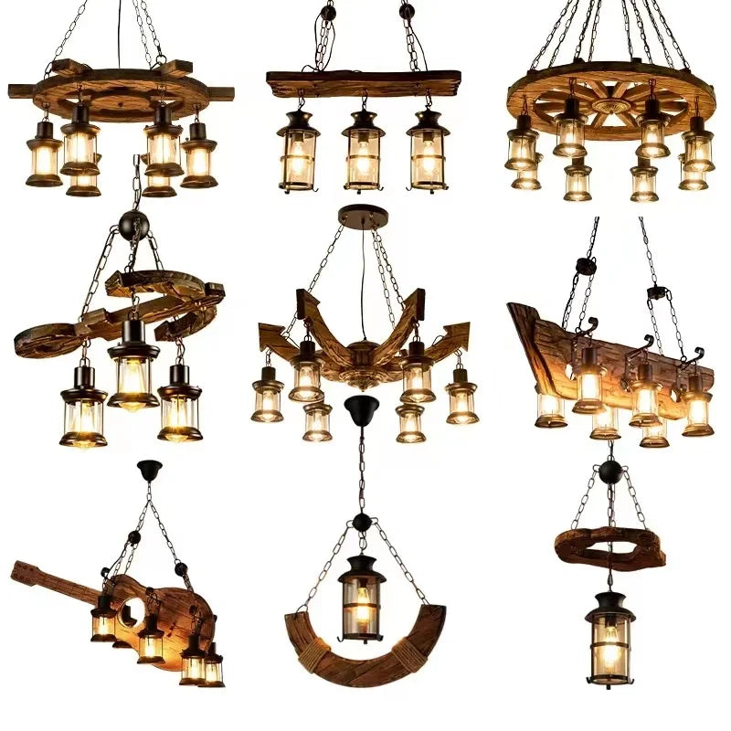 Afralia™ Retro Industrial Wood Iron LED Pendant Lights for Bar and Cafe Decor