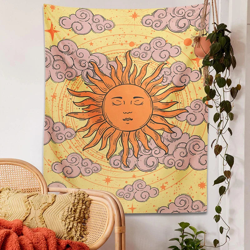 Celestial Sun Moon Tapestry: Vintage Witchy Goddess Print for Retro 70s Vibes by Afralia™