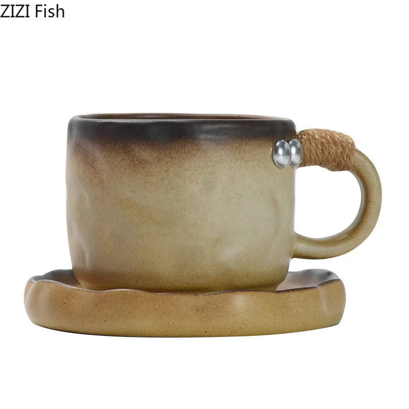 Afralia™ Coarse Pottery Cup & Saucer Set - Classical Mugs for Dining Table or Coffee