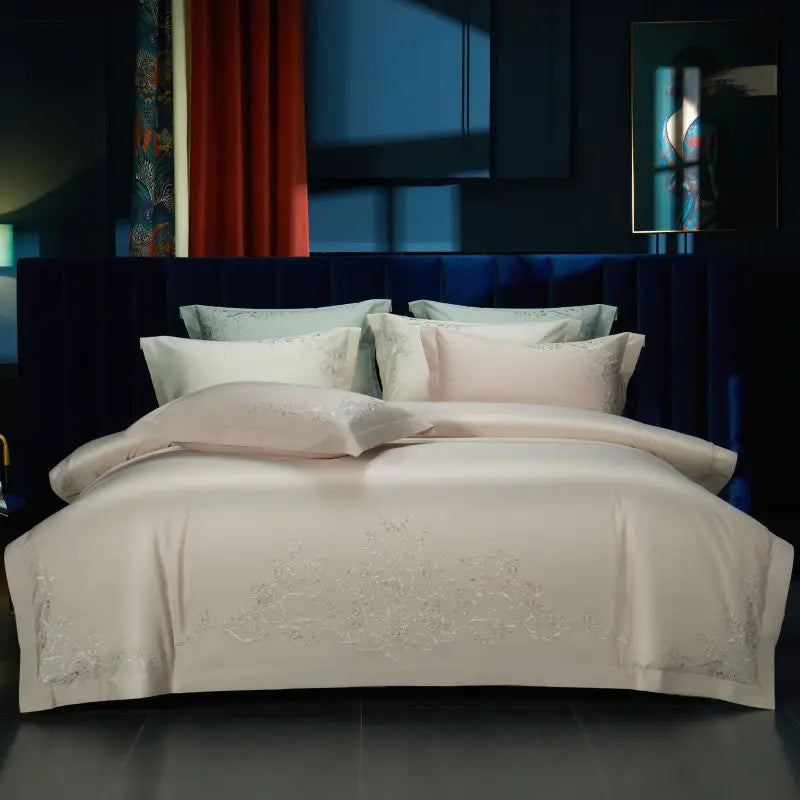 Afralia™ Elegant Flowers Embroidery 1000TC Egyptian Cotton Bedding Set Home Textiles