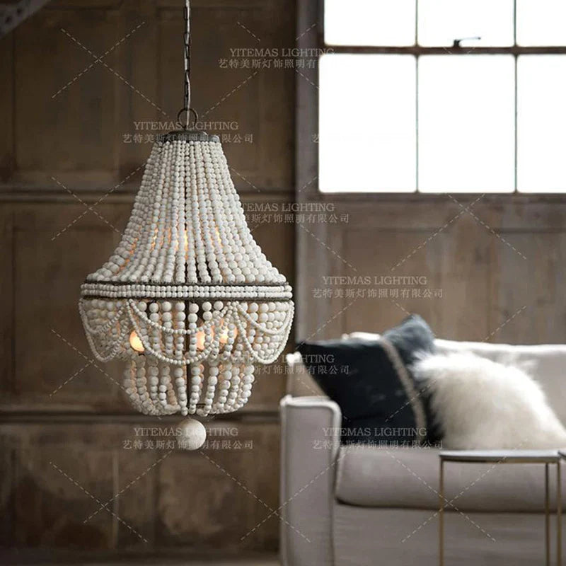 Afralia™ White Wooden Bead Chandelier: Vintage Large Wood Chandelier for Bedroom, Kitchen, Living Room