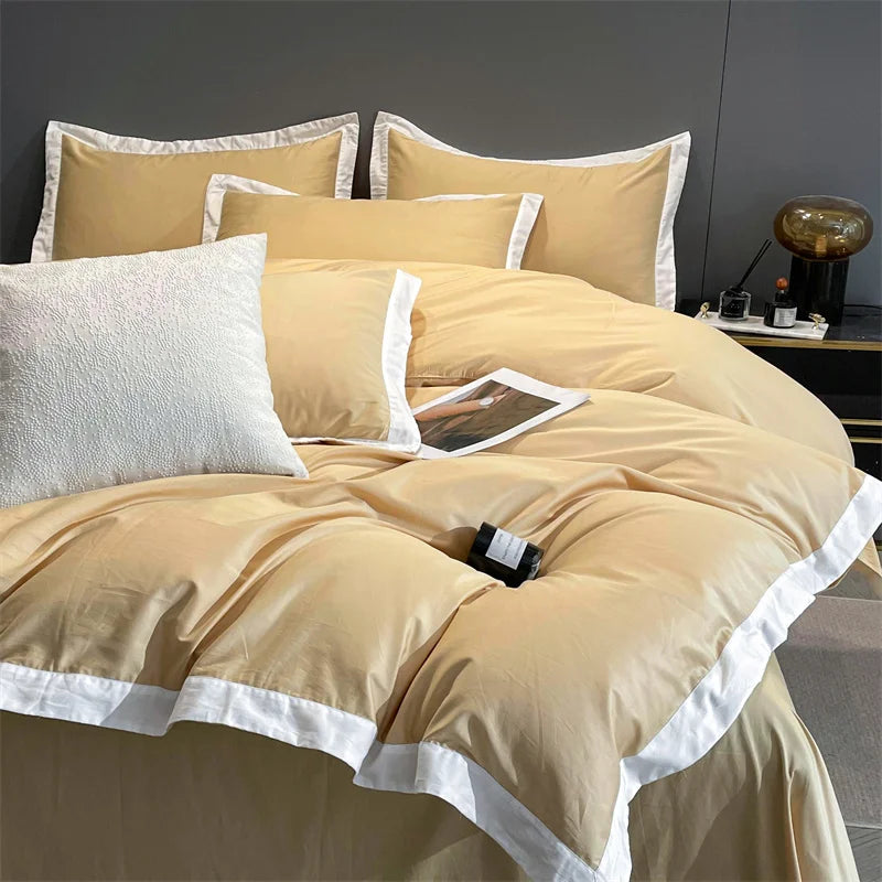 Afralia™ Luxury 60S Egyptian Cotton Hotel Bedding Set with Black Edge, Duvet Cover, Sheet, Pillowcases