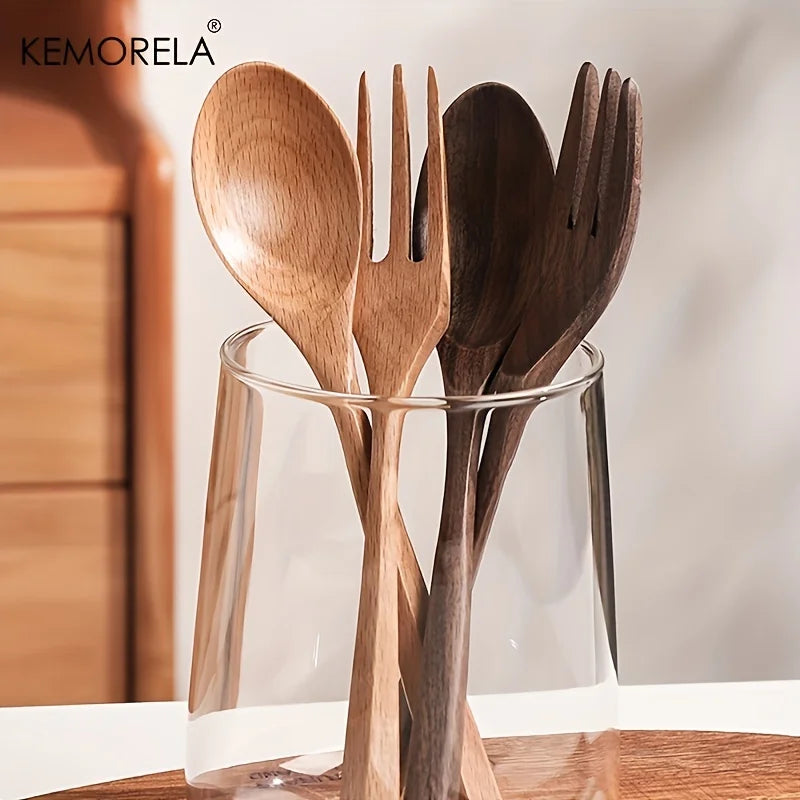 Afralia™ 2-Piece Wooden Fork and Spoon Set | Korean-Inspired Tableware for Desserts and Rice