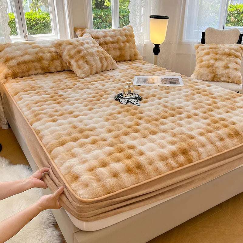 Afralia™ Faux Rabbit Plush Coral Fleece Fitted Sheet for Single Bed in Autumn/Winter