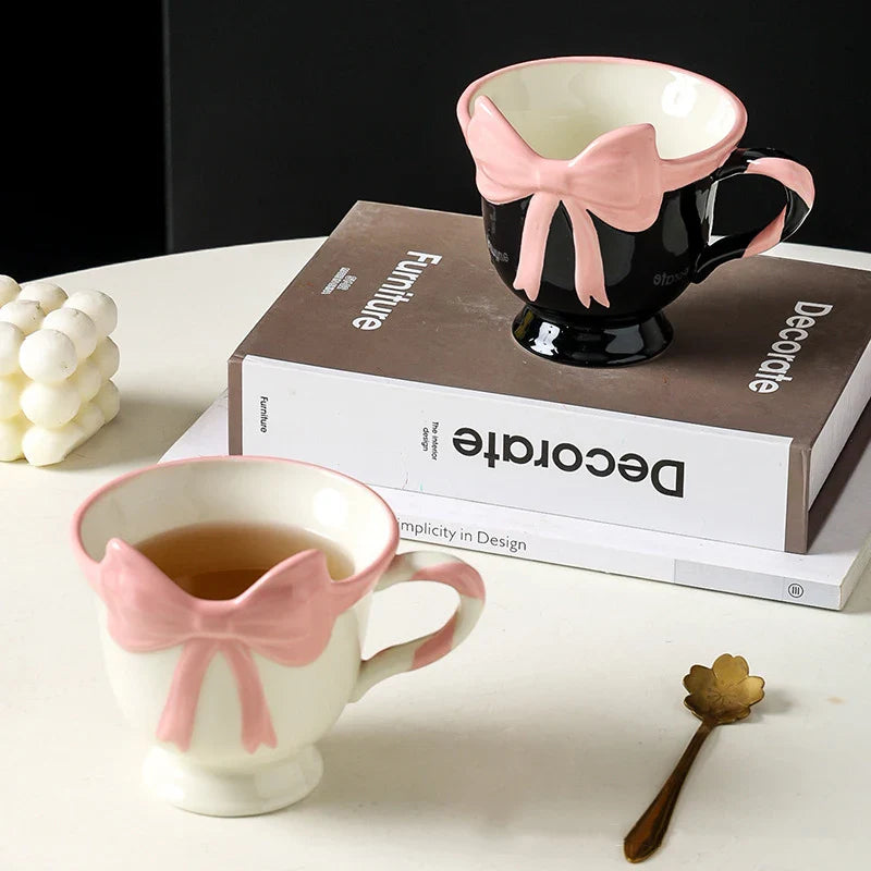 Afralia™ Pink Bowknot Ceramic Tea Coffee Mug - Lovely Table Cup Juice Container