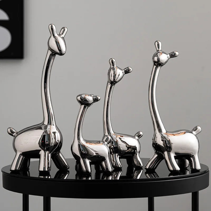 Afralia™ Silver Ceramic Deer Reindeer Figurines for Modern Home and Office Decor