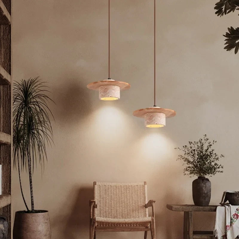 Afralia™ Wabi Sabi LED Pendant Lamps Yellow Travertine Wood Hanging Lights