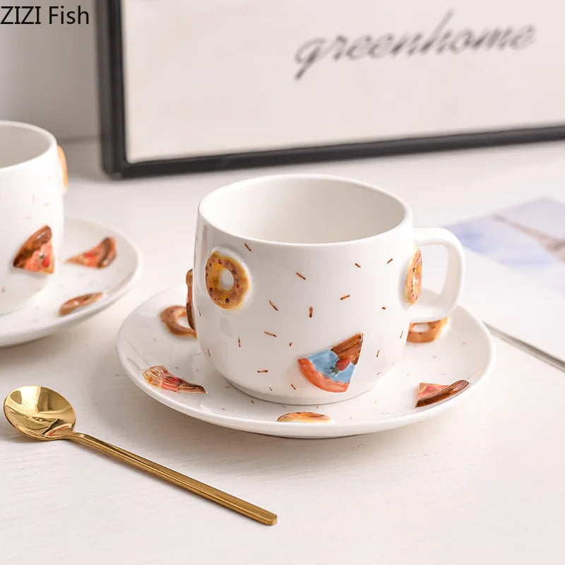 Afralia™ Pizza Donut Relief Ceramic Cup & Saucer Set for Dining Table Coffee Tea Milk Juice.
