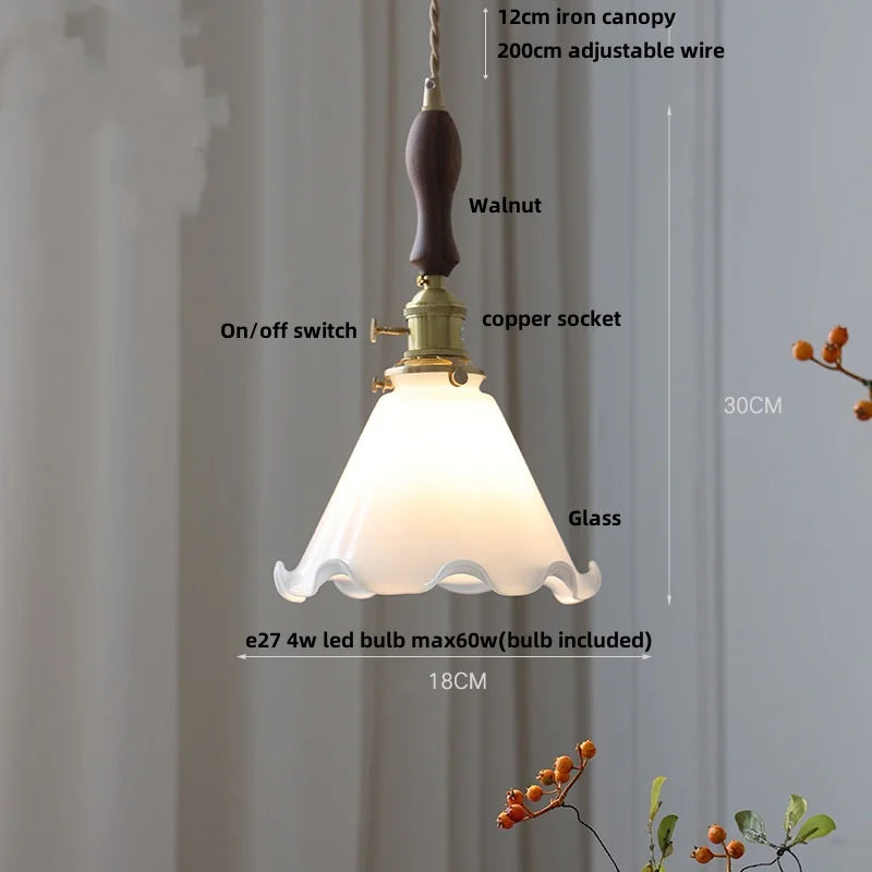 Afralia™ Amber Glass LED Pendant Lamp Walnut Wood Copper Hanging Light