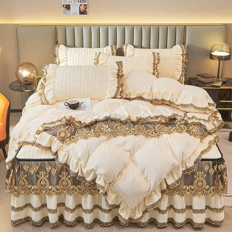 Afralia™ Velvet Bedding Set with Gold Lace Ruffles, Removable Bed Skirt & Pillowcase