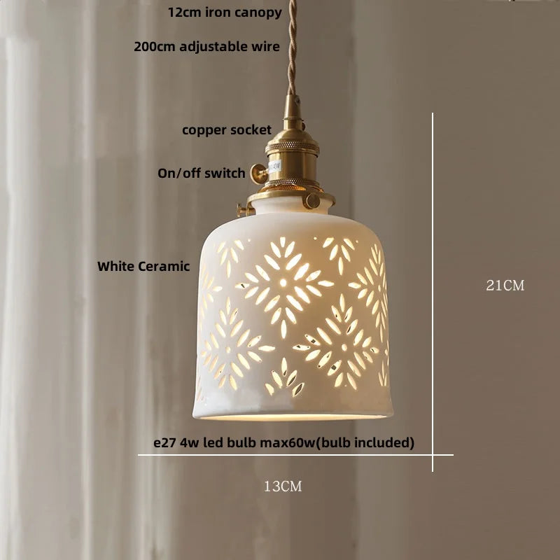 Afralia™ Brown Wood LED Pendant Light - Nordic Modern White Ceramic Hanging Lamp