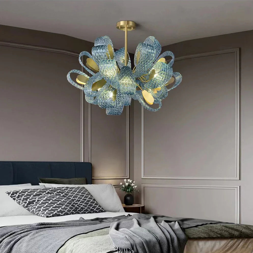 Afralia™ Peacock Leaf LED Ceiling Chandelier for Living Room - Modern Art Deco Blue Copper Lamp