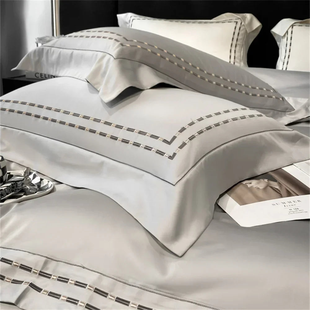 Afralia™ Nordic Silver Grey Embroidery 1000TC Egyptian Cotton Bedding Set - Queen King Size