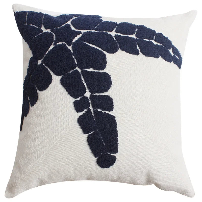 Afralia™ Navy Starfish Shell Embroidered Cotton Canvas Pillow Cover 45x45cm