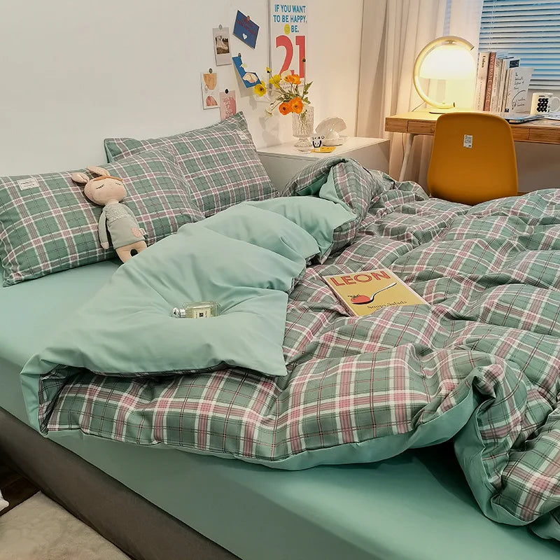 Afralia™ Simple Striped Check Cotton Bedding Sets for Queen King Size